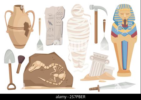 Archeology set graphic elements in flat design. Bundle of ancient broken vase, hieroglyphs plate, mummy, sarcophagus, dinosaur, shovel, pickaxe, brush and other. Vector illustration isolated objects Stock Vector