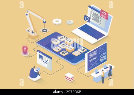 App development concept in 3d isometric design. UI UX layout developing, programming application interfaces, coding mobile software. Vector illustration with isometry people scene for web graphic Stock Vector