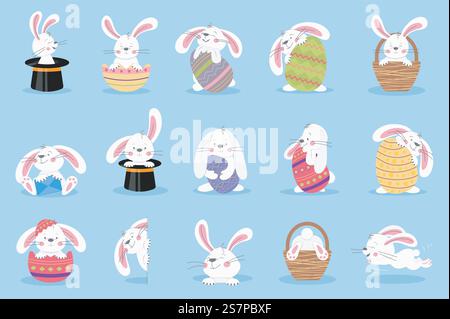 Easter bunny set graphic elements in flat design. Bundle of cute white rabbits holding colorful eggs with different festive patterns, sit in black hats or baskets. Vector illustration isolated objects Stock Vector