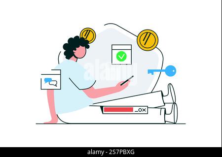 Secure payment outline web concept with character scene. Man makes online payment using mobile bank app. People situation in flat line design. Vector illustration for social media marketing material. Stock Vector