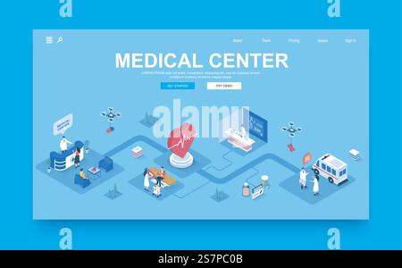 Medical center concept 3d isometric landing page template. People visit hospital, receive consultations from therapist, do tests in laboratory. Vector illustration in isometry graphic design. Stock Vector