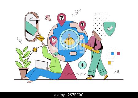 Outsourcing company concept with character situation in flat design. Women and men work remotely, receive tasks and do projects online using laptops. Vector illustration with people scene for web Stock Vector