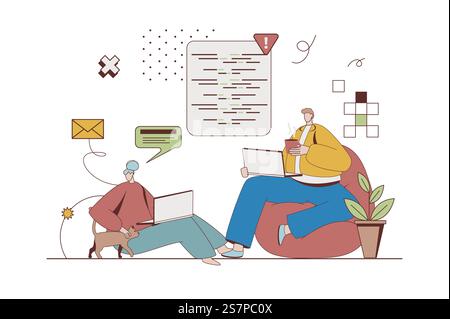 Freelance work concept with character situation in flat design. Woman and man doing online tasks with laptops, communicate and work in cozy home office. Vector illustration with people scene for web Stock Vector