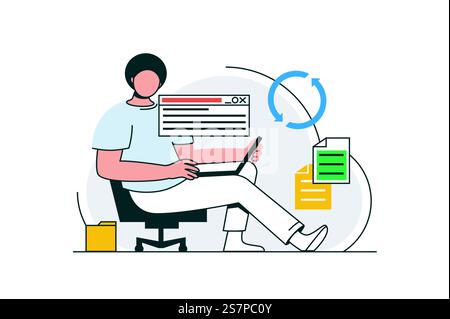 Cloud computing outline web concept with character scene. Man sync documents online, works in database. People situation in flat line design. Vector illustration for social media marketing material. Stock Vector