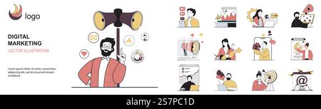 Digital marketing concept with character situations collection. Bundle of scenes people promoting business in social media, targeting and attracting clients. Vector illustrations in flat web design Stock Vector