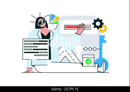Cyberspace outline web concept with character scene. Woman in VR headset working with data at screens. People situation in flat line design. Vector illustration for social media marketing material. Stock Vector
