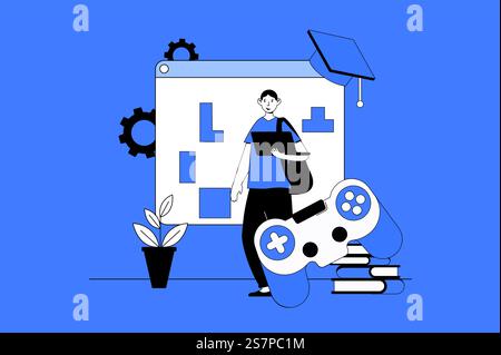 Gamification in learning web concept with character scene in flat design. People studying and completing level challenges for winning awards. Vector illustration for social media marketing material. Stock Vector