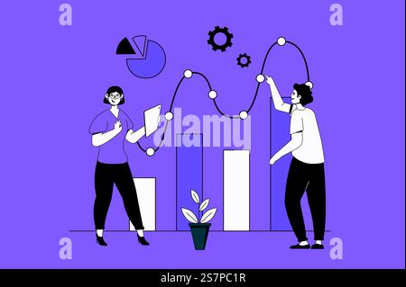 Line graph web concept with character scene in flat design. People working with charts, making statistical analysis and calculate data graphs. Vector illustration for social media marketing material. Stock Vector
