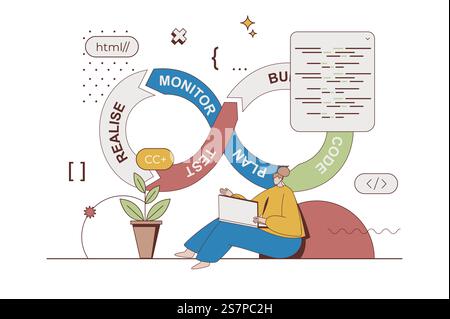 DevOps concept with character situation in flat design. Woman developer working on project, launching and developing product, testing and coding apps. Vector illustration with people scene for web Stock Vector
