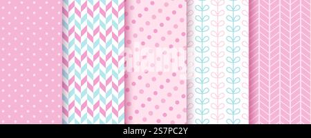 Scrapbook pattern. Seamless pink background. Set baby shower packing papers. Trendy pastel prints. Baby girl seamless patterns. Scrapbook pastel prints. Vector illustration. Stock Vector