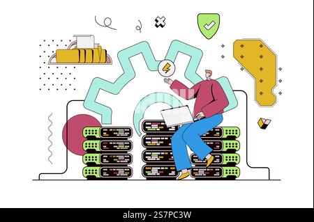 Data center concept with character situation in flat design. Man works as technician and administrator in server room, controls operation of equipment. Vector illustration with people scene for web Stock Vector
