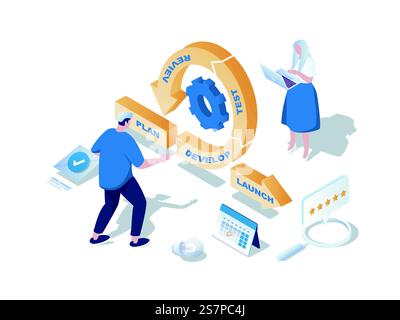 Agile development concept 3d isometric web scene. People working with process of plan, develop software, test, review, launch and other devops cycle. Vector illustration in isometry graphic design Stock Vector