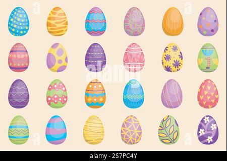 Easter eggs set graphic elements in flat design. Bundle of cute colorful eggs with different festive patterns in dots, festive geometric or floral ornaments. Vector illustration isolated objects Stock Vector