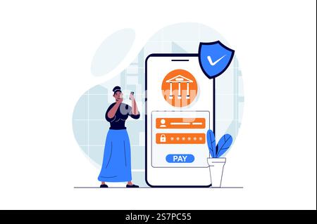 Secure payment web concept with character scene. Woman gets access with password to mobile banking for paying. People situation in flat design. Vector illustration for social media marketing material. Stock Vector