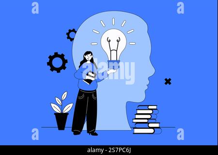 Self development web concept with character scene in flat design. People improve skills, work on positive mindset, read books, achieving goals. Vector illustration for social media marketing material. Stock Vector