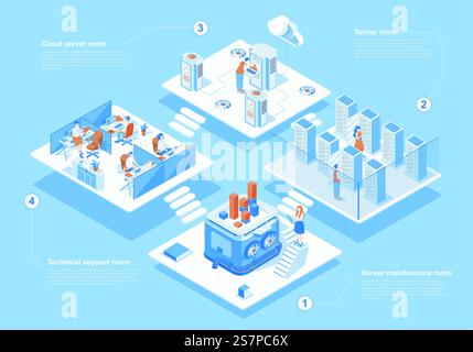 Data center concept 3d isometric web scene with infographic. People work in server maintenance and cloud processing hardware, technical support rooms. Vector illustration in isometry graphic design Stock Vector
