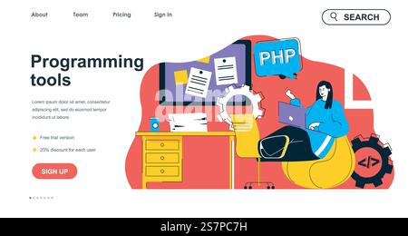 Programming tools concept for landing page template. Woman works at laptop, writes code and settings. Software development people scene. Vector illustration with flat character design for web banner Stock Vector