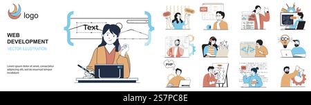 Web development concept with character situations collection. Bundle of scenes people working as UI UX designers and creating app interface of sites layouts. Vector illustrations in flat web design Stock Vector