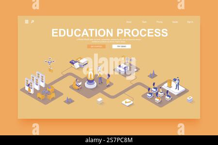 Education process concept 3d isometric landing page template. People studying, attend classes and library, discuss with students, graduation. Vector illustration in isometry graphic design. Stock Vector