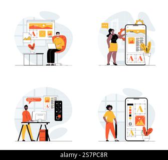 App development concept with character set. Collection of scenes people programming mobile software, interface layouts for application, making digital projects. Vector illustrations in flat web design Stock Vector