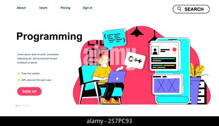 Programming concept for landing page template. Woman writing code and creating mobile app interface. Software development people scene. Vector illustration with flat character design for web banner Stock Vector