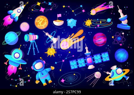 Cosmos set graphic elements in flat design. Bundle of cute astronaut, spaceships, planets, comets, stars, satellites, asteroids and other flying celestial bodies. Vector illustration isolated objects Stock Vector