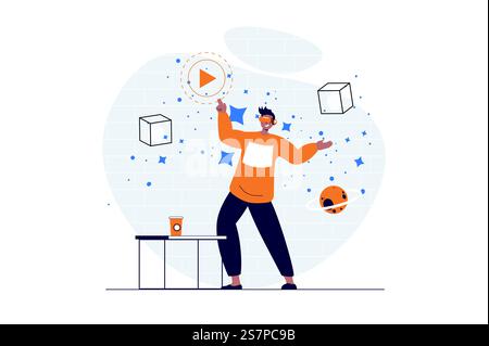 Cyberspace web concept with character scene. Man in VR glasses interacting with 3d objects in virtual reality. People situation in flat design. Vector illustration for social media marketing material. Stock Vector