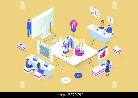 Coworking concept in 3d isometric design. Colleagues or freelancers work on laptop in open space office, team collaborate at workplace. Vector illustration with isometry people scene for web graphic Stock Vector