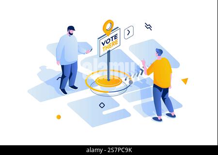 Election and voting concept in 3d isometric design. Men voters go to polls to participate in democratic election or referendum survey. Vector illustration with isometric people scene for web graphic Stock Vector
