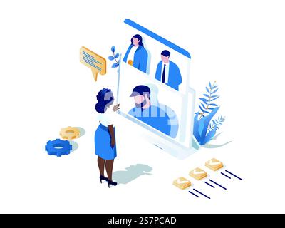 Remote team concept 3d isometric web scene. People discussing work tasks and talking in group video call programm. Colleagues communicates online. Vector illustration in isometry graphic design Stock Vector