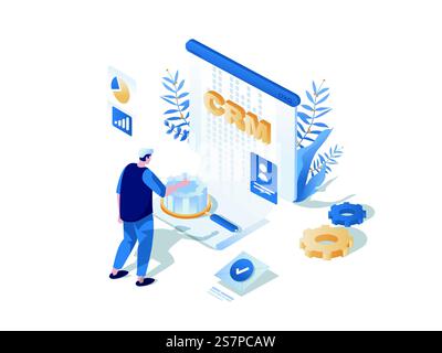 Customer relationship management concept 3d isometric web scene. People using CRM tools for planning strategy, data analyzing, working with database. Vector illustration in isometry graphic design Stock Vector