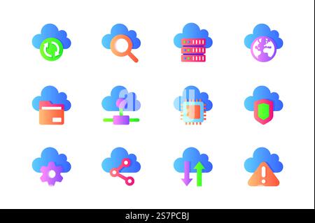 Computer cloud icons set in color flat design. Pack of sync, search, database equipment, internet, file, information, access, microchip, data and other. Vector pictograms for web sites and mobile app Stock Vector