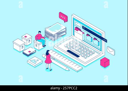 Electronic organization files concept in 3d isometric design. People working with digital database, organizing files in folders on laptop. Vector illustration with isometry scene for web graphic Stock Vector