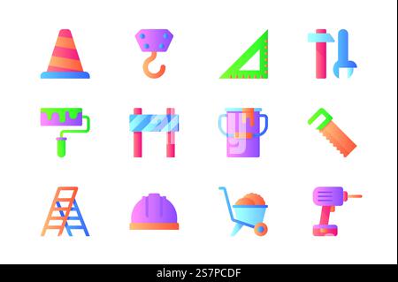 Construction icons set in color flat design. Pack of traffic cone, building crane, ruler, tools, paint roller, barrier, saw, ladder, helmet and other. Vector pictograms for web sites and mobile app Stock Vector