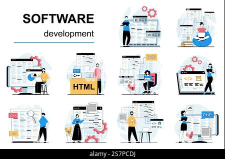 Software development concept with character situations mega set. Bundle of scenes people coding and testing program code, creating apps, working on computer. Vector illustrations in flat web design Stock Vector