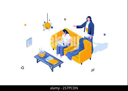 Home interior concept in 3d isometric design. Women talking near sofa and coffee table. Furnishing and decoration in living room. Vector illustration with isometric people scene for web graphic Stock Vector