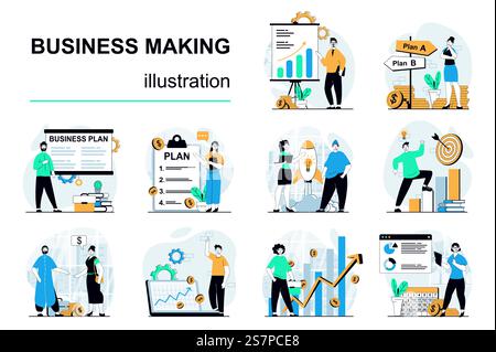 Business making concept with character situations mega set. Bundle of scenes people planning strategy, investing money, developing project and launch company. Vector illustrations in flat web design Stock Vector
