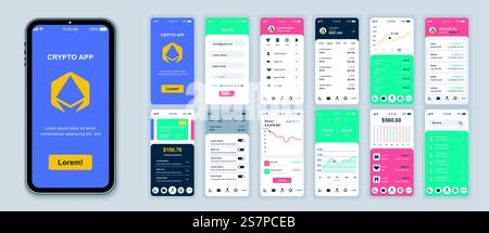 Crypto mobile app screens set for web templates. Pack of login, financial account, currency exchange, online investment and other mockups. UI, UX, GUI user interface kit for layouts. Vector design Stock Vector