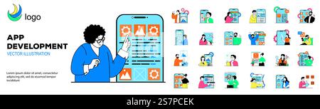 App development concept with character situations mega set. Bundle of scenes people programming and coding, engineering application, releasing new product. Vector illustrations in flat web design Stock Vector