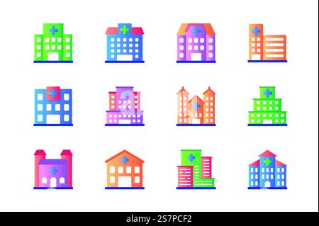 Hospital icons set in color flat design. Pack of building exterior, clinic facade, pharmacy, medicine office, medical real estate, property and other. Vector pictograms for web sites and mobile app Stock Vector