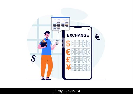 Mobile banking web concept with character scene. Man uses currency exchange service, doing transaction in app. People situation in flat design. Vector illustration for social media marketing material. Stock Vector