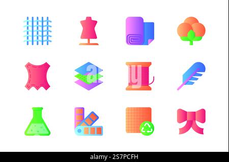 Fabric icons set in color flat design. Pack of textile, mannequin, cotton plant, pattern, thread, feather, flask, palette samples, material and other. Vector pictograms for web sites and mobile app Stock Vector