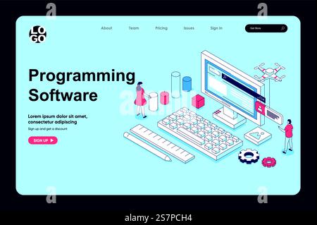 Programming software concept in 3d isometric design for landing page template. People prototyping products and working with code, testing and making optimization programs. Vector illustration for web Stock Vector