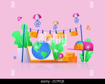 Messaging service concept 3D illustration. Icon composition with sending and receiving emails from laptop, online communication, mailbox full of letters. Vector illustration for modern web design Stock Vector