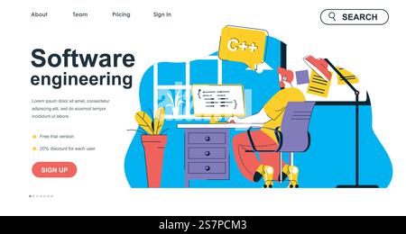 Software engineering concept for landing page template. Programmer creates apps, works at computer. Development of programs people scene. Vector illustration with flat character design for web banner Stock Vector