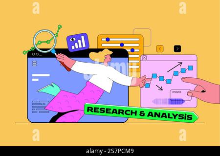 Research and analysis web concept with character scene. Woman getting and processing data, making result review in report. People situation in flat design. Vector illustration for marketing material. Stock Vector