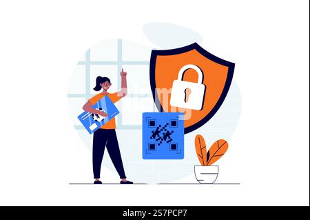 Secure payment web concept with character scene. Woman using protection system for personal financial data. People situation in flat design. Vector illustration for social media marketing material. Stock Vector