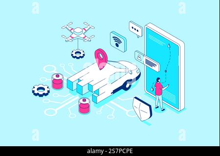 Smart car concept in 3d isometric design. People managing of autonomous automobile with smartphone app, using online navigation map service. Vector illustration with isometry scene for web graphic Stock Vector