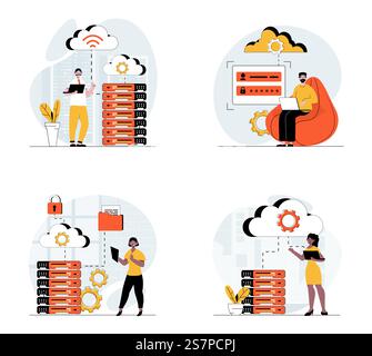Data center concept scenes set. Technicians work at server racks room ...