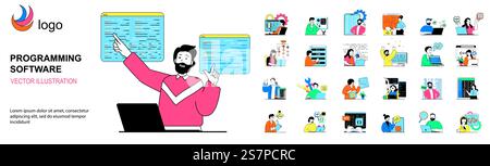 Programming software concept with character situations mega set. Bundle of scenes people working with program code, engineering applications, making scripts. Vector illustrations in flat web design Stock Vector